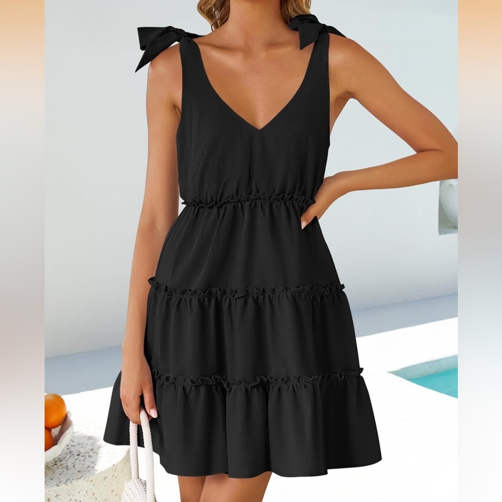Black Sleeveless Tie Shoulder Tiered Dress